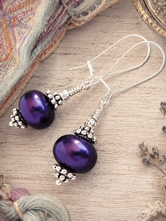 Kachina Jewelry Jewelry - Purple Pearl Earrings Japanese Glass Sterling Silver